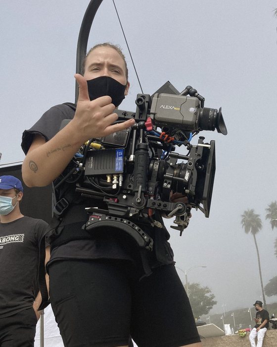 Heather filming on set in Los Angeles